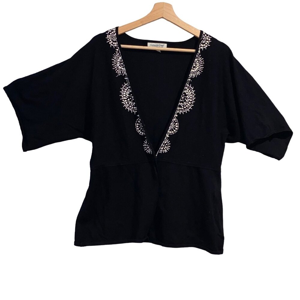 Coldwater Creek Beaded Shirt Cardigan Black White Size Medium Womens Rayon Nylon